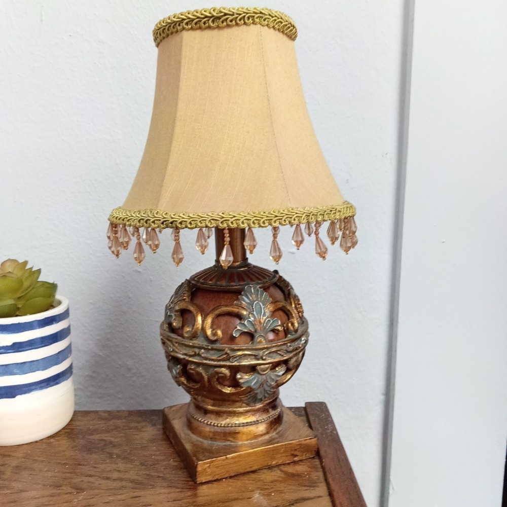 Vintage Decorative Table Lamp Beaded Fringe Shade Gold Scroll Accent Light